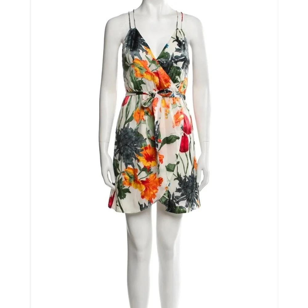 Alice + Olivia Sz 6 Dress Faux Wrap Silk Blend  Floral Mini Belted ‎ EXCELLENT